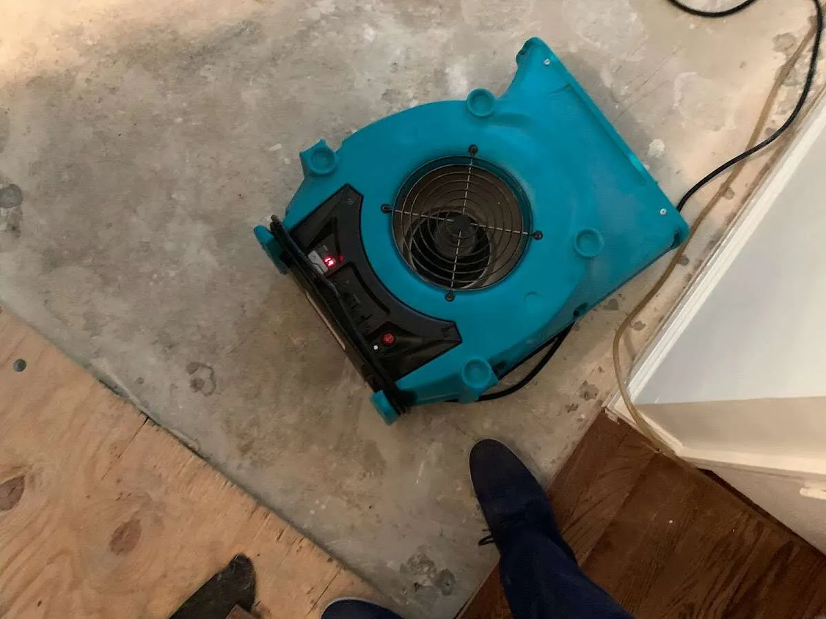 Air mover drying subfloor during Commercial Water Damage Restoration in Plymouth